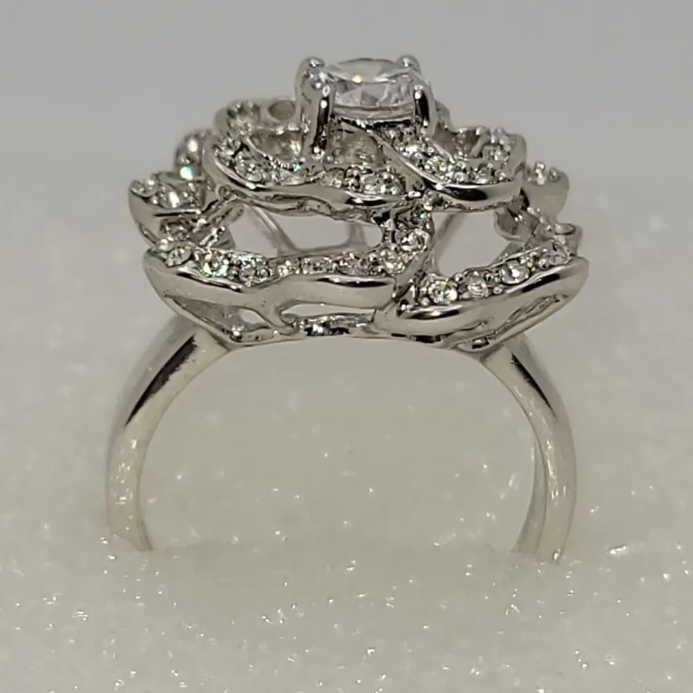 Vintage Nolan Miller Silver-tone Cubic Zirconia Floral Statement Ring
